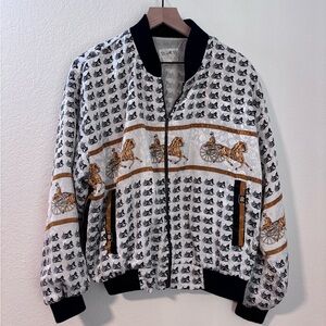 Vintage D.M.D Equestrian Print Bomber Lined Jacket Pockets Full Zip